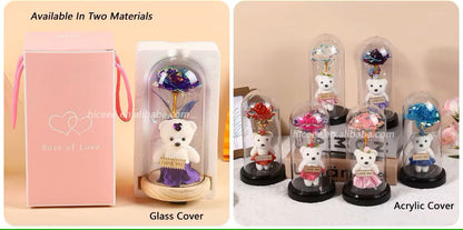 LED Light Glass Dome Galaxy Rose Flowers With One Mini Bear