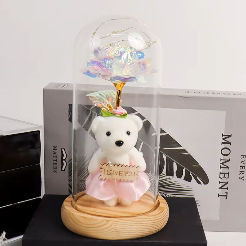 LED Light Glass Dome Galaxy Rose Flowers With One Mini Bear