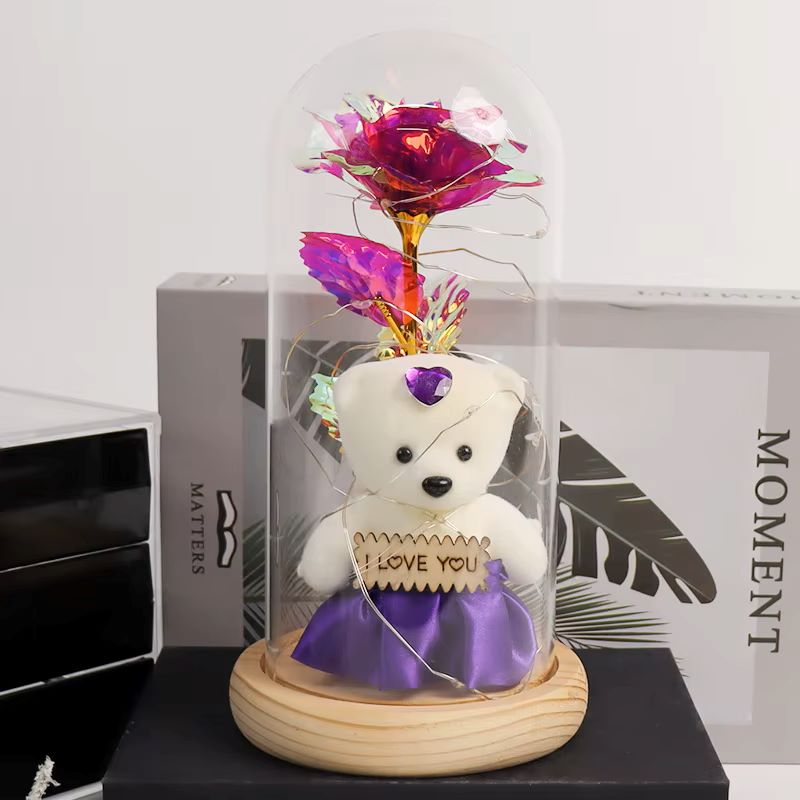 LED Light Glass Dome Galaxy Rose Flowers With One Mini Bear