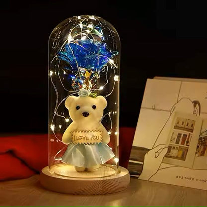 LED Light Glass Dome Galaxy Rose Flowers With One Mini Bear