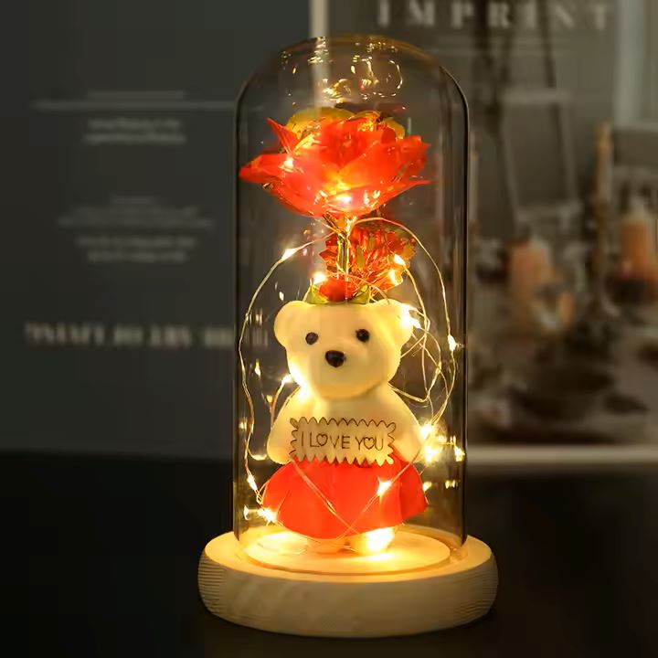 LED Light Glass Dome Galaxy Rose Flowers With One Mini Bear