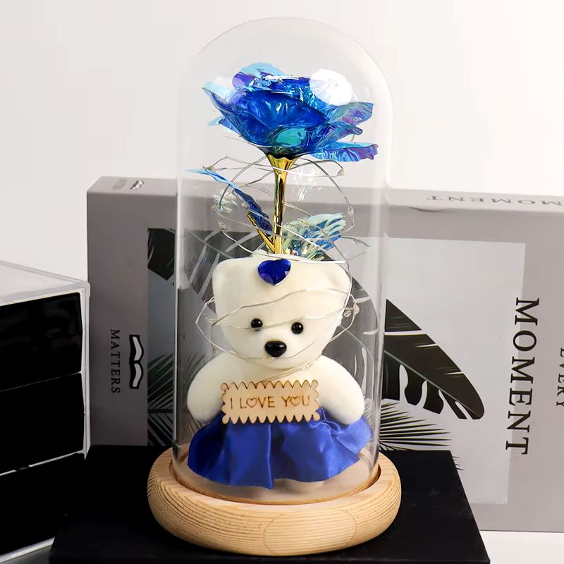 LED Light Glass Dome Galaxy Rose Flowers With One Mini Bear